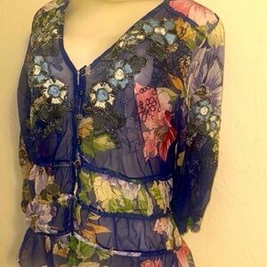 Nwt Johnny was Floral Sheer Blue Women's Top